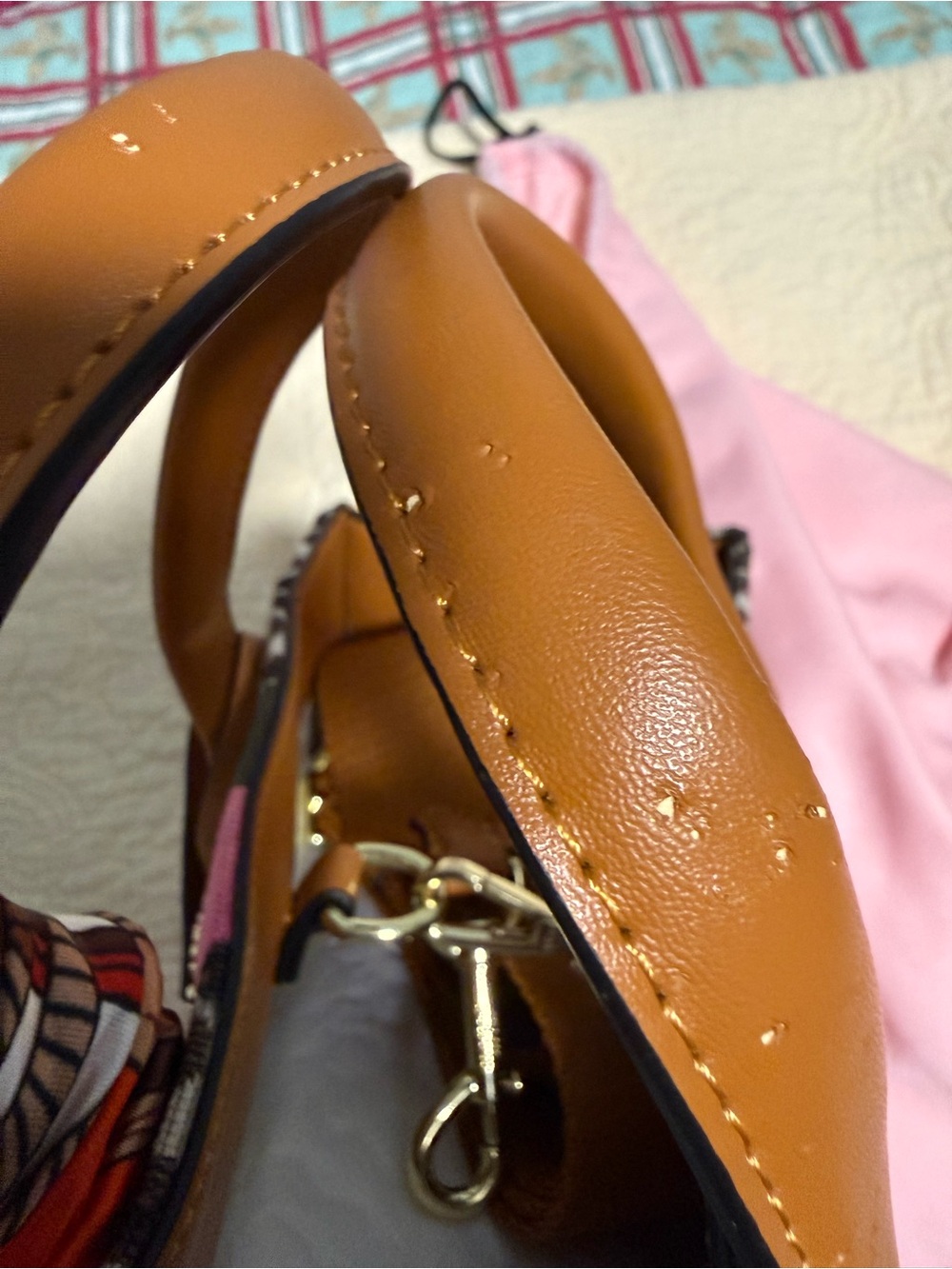 kate spade Brown Floral Canvas Tote with Pink & Olive Center Stripe and Tan Trim - Picture 13 of 14